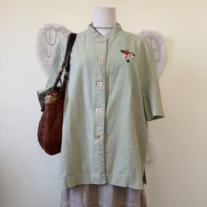 Oversized Indie Grunge Button Up Shirt Embroidered Floral Short Sleeve Green 90s